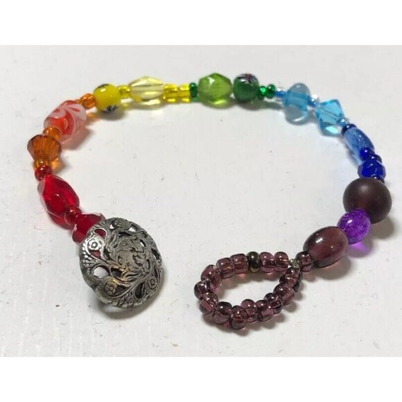 Rainbow Bracelet Artisan Colorful Beads Round Toggle Clasp 7" Original OOAK - Picture 3 of 9